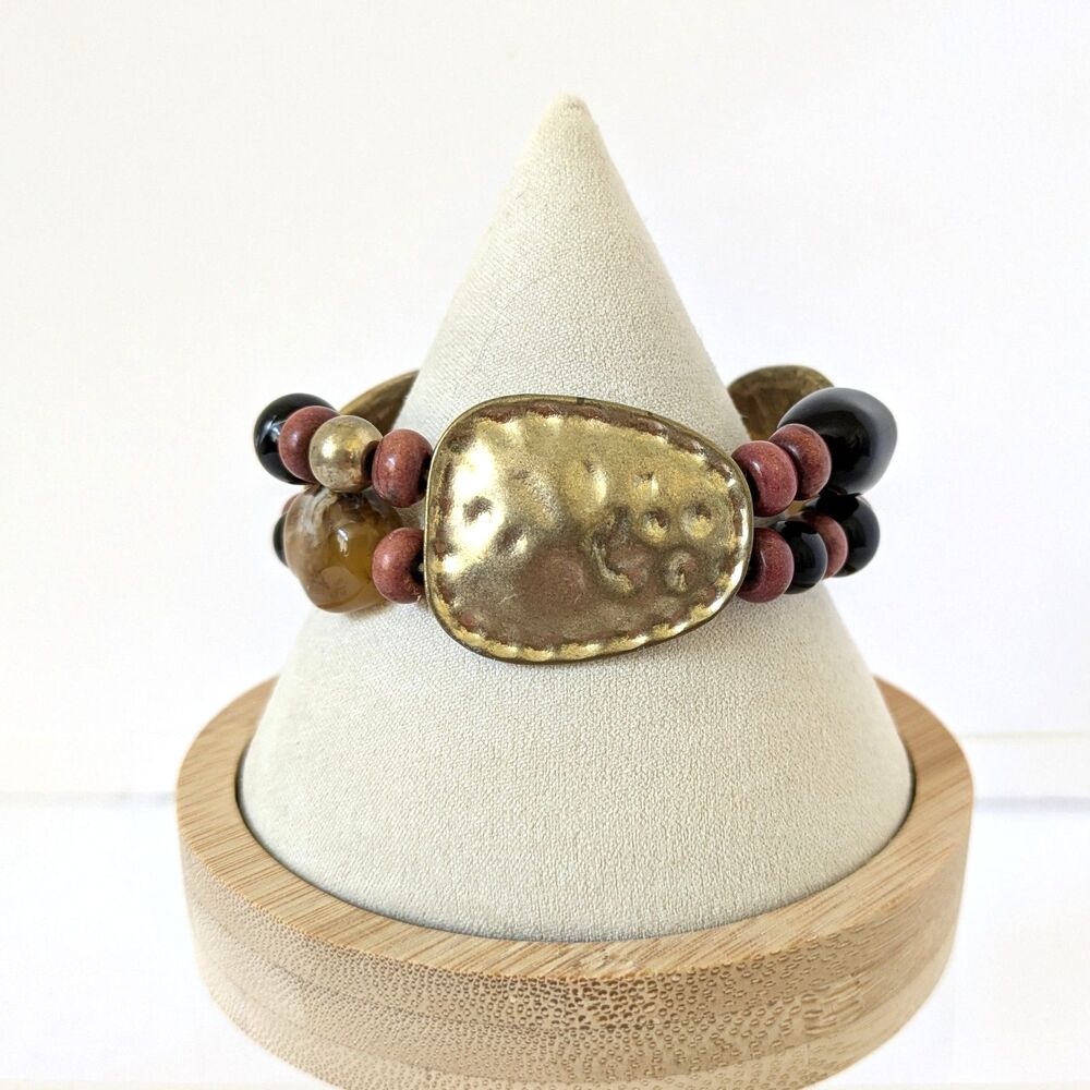 Chunky Hammered Gold Tone Panel Stretch Bracelet Faux Stones Beads 7" - Picture 2 of 9